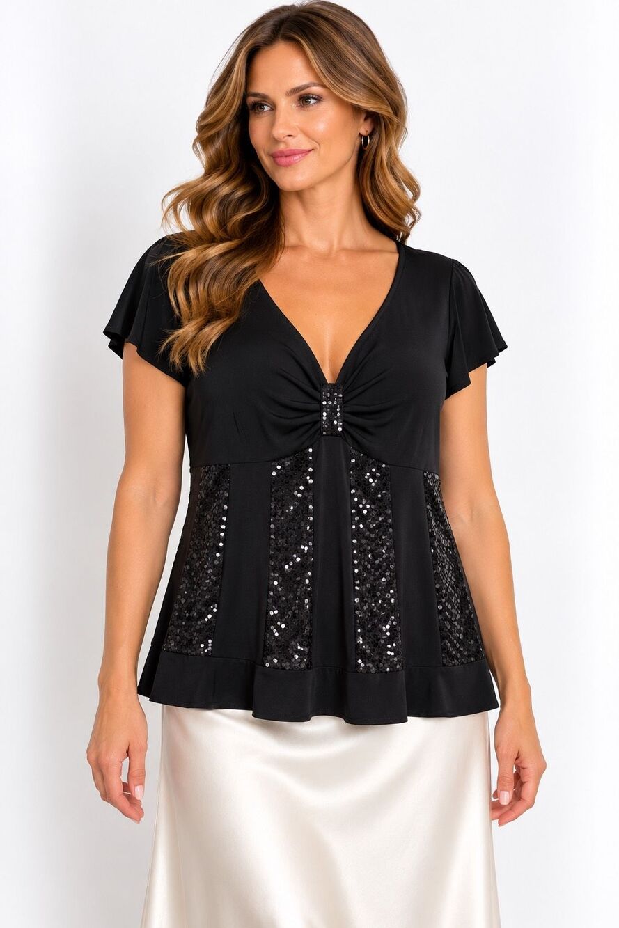R&M Richards Black Sequin Embellished Ruffle Top Made In USA Size 16W